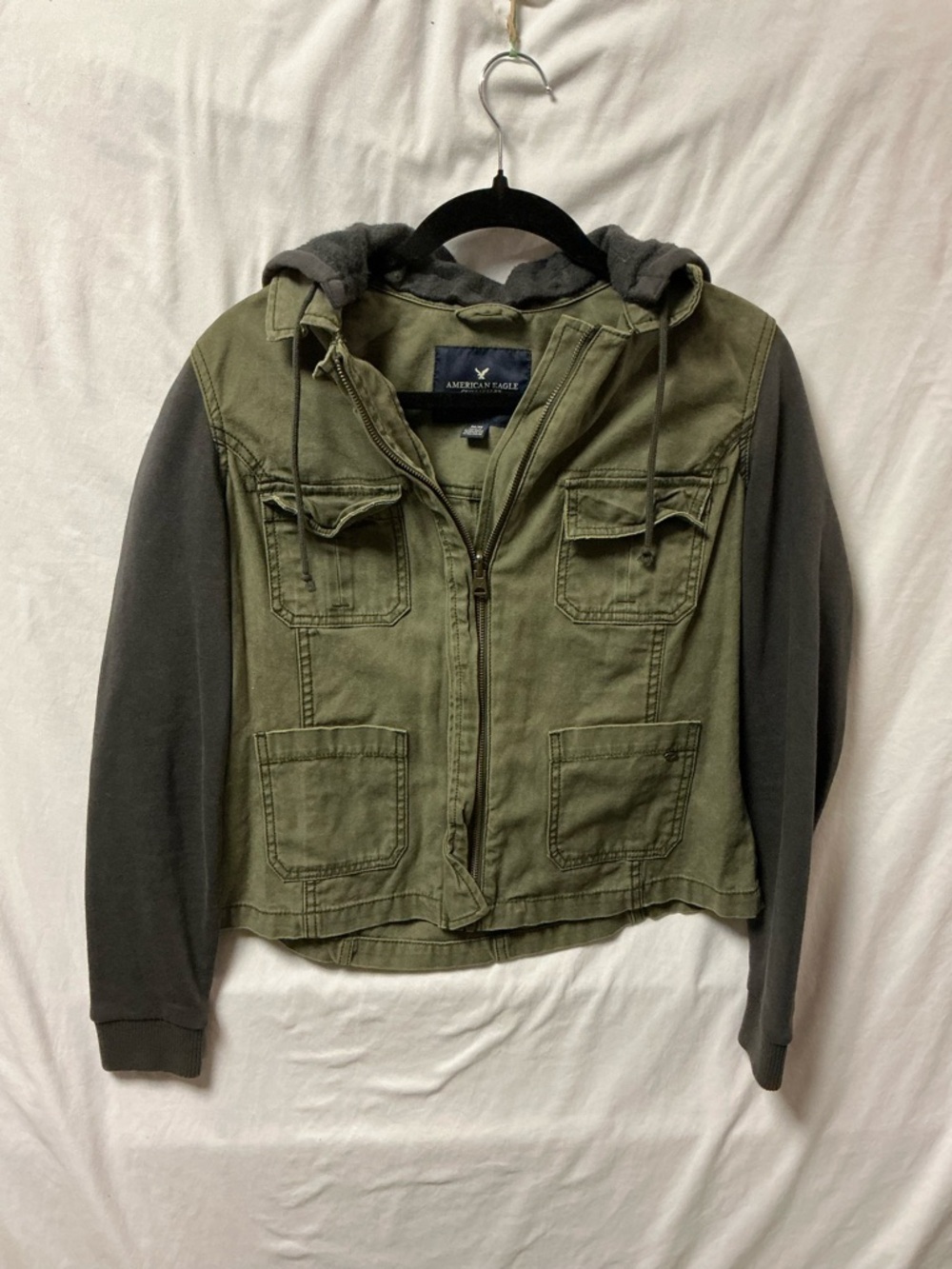 American Eagle Olive Green Utility Jacket with Gray Hooded Lining